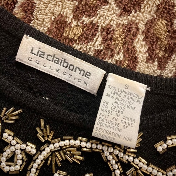 Vintage Liz Claiborne black Baroque beaded lambswool crewneck sweater size small - Picture 2 of 10